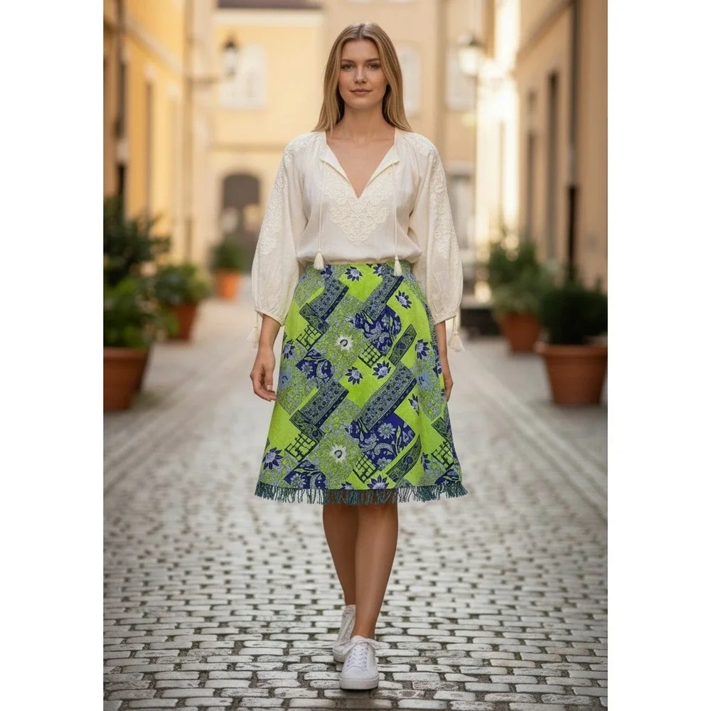 Tribeca Studio Lime Green Floral Patchwork Beaded Fringe A-Line Skirt‎ Size 4